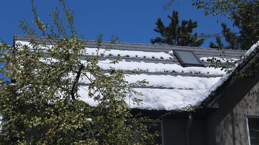 Rocky Guard RG10 snow guards retaining snow on steep DaVinci Bellaforte slate roof with melting snow.